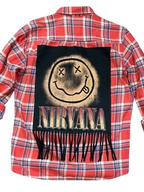 NIRVANA Upcycled Band T Shirt Flannel Top Fringe Boyfriend Grunge